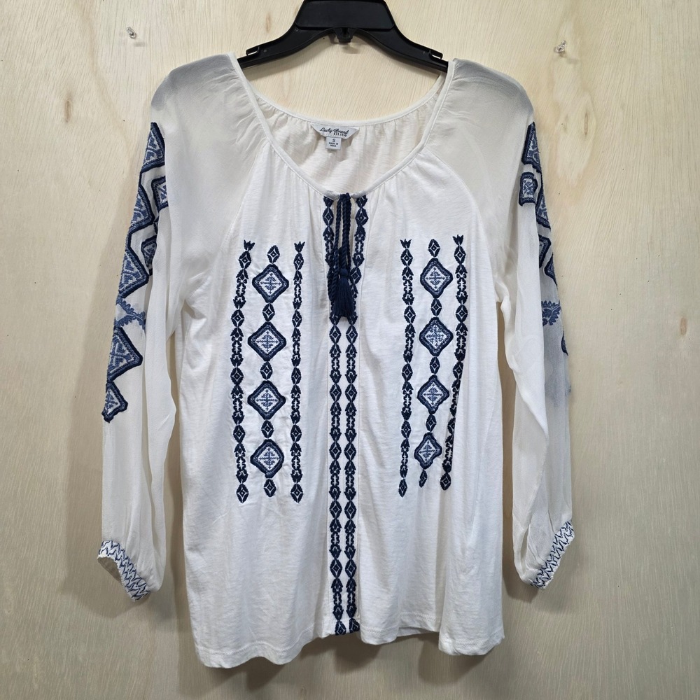 Lucky Brand Womens White Navy Blue Embroidered Tassel Peasant Blouse Small
